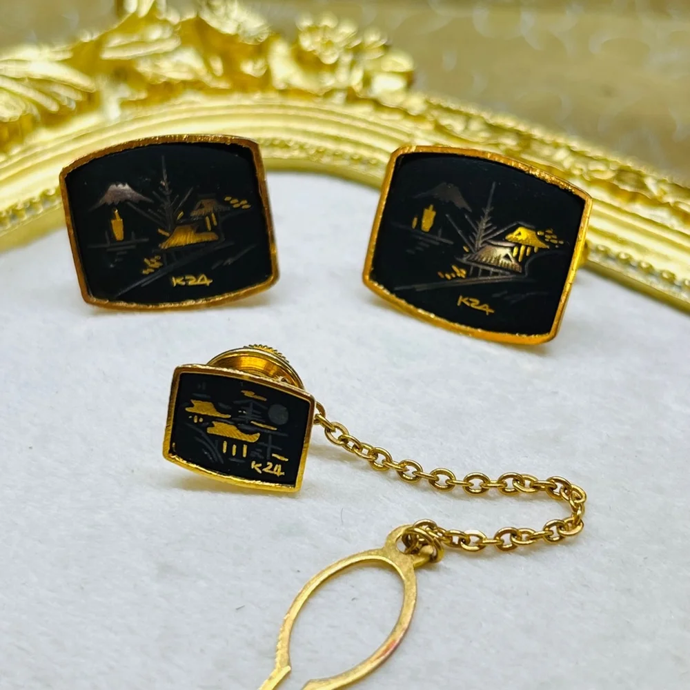 Men's Unbranded Cufflinks & Tie Tack Set Black‎ Gold